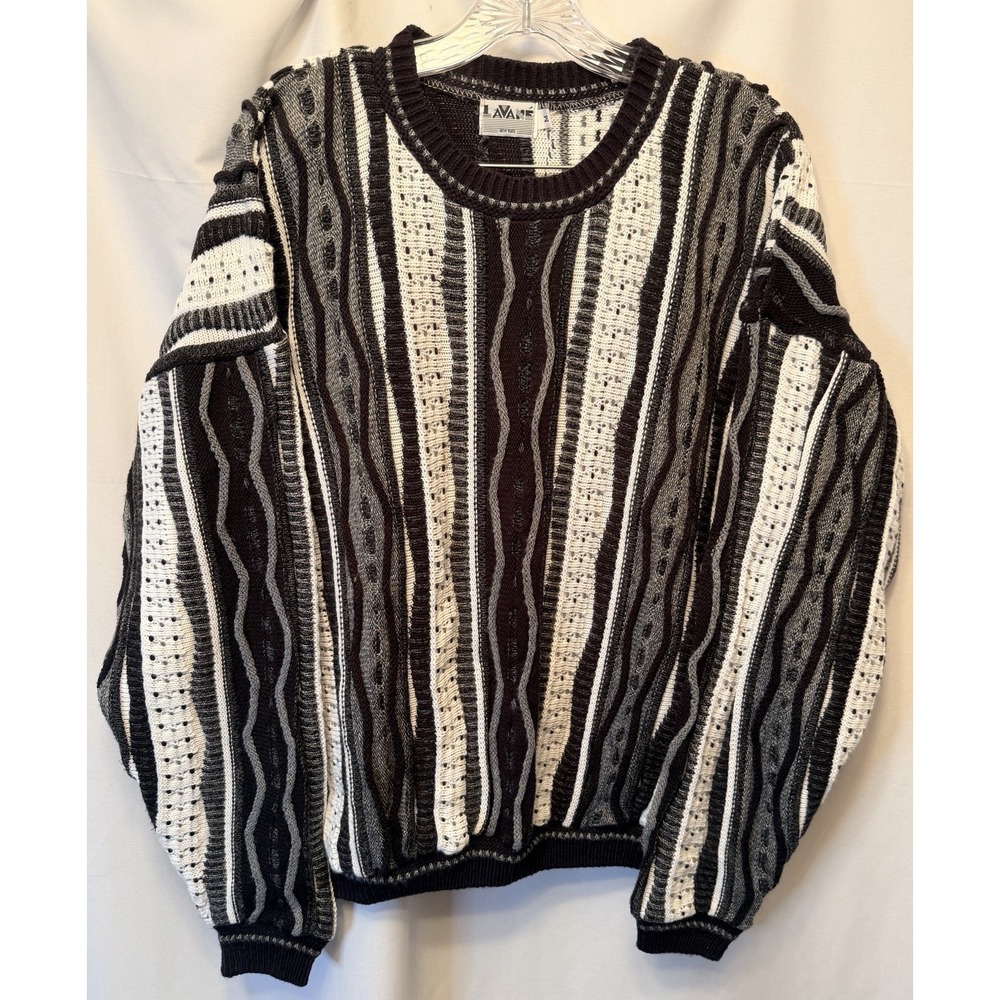 Vintage Lavane New York Sweater 3D Textured Knit Men's Medium Black White Gray